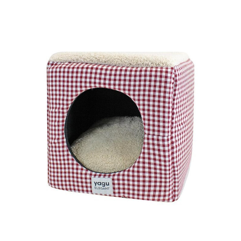 Yagu Cueva Cubo Vichy Grana con Borreguillo para gato y perro pequeño