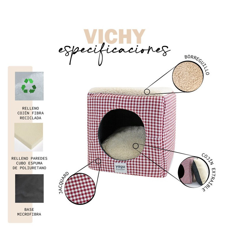 Yagu Cueva Cubo Vichy Grana con Borreguillo para gato y perro pequeño